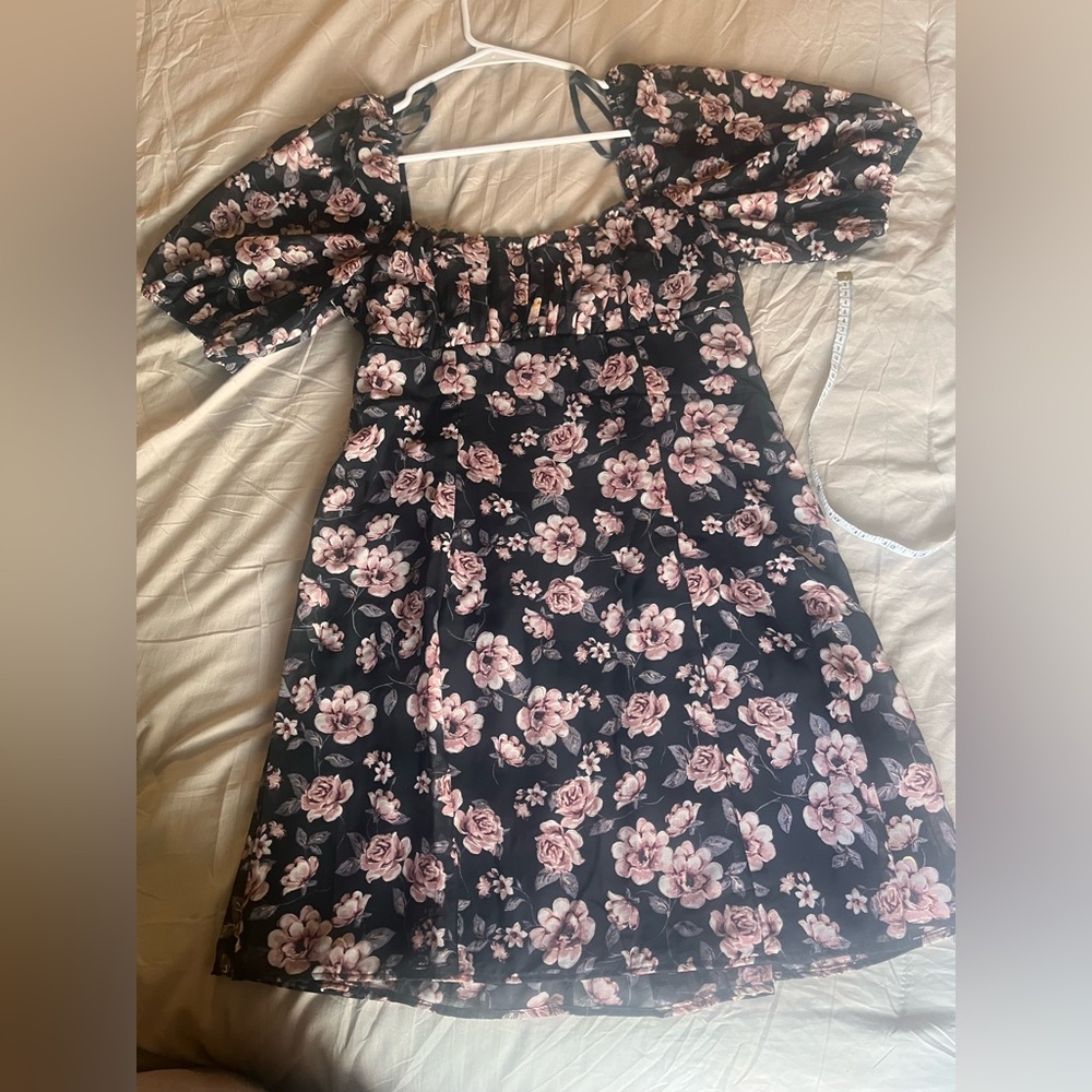 City Triangles Black Off-Shoulder Dress with Pink Floral Print